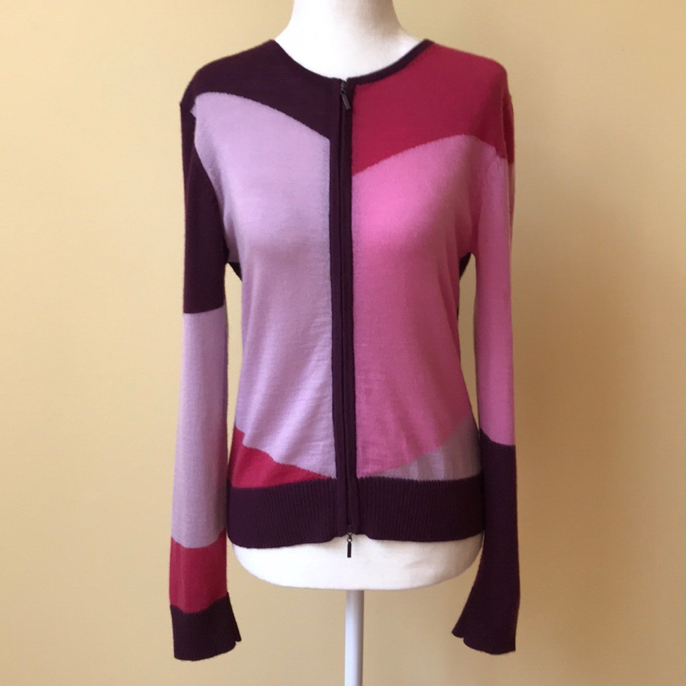 BCBGMaxAzria Colorblock Zip-Front Crew Neck Sweater in Plum, Pink and Magenta